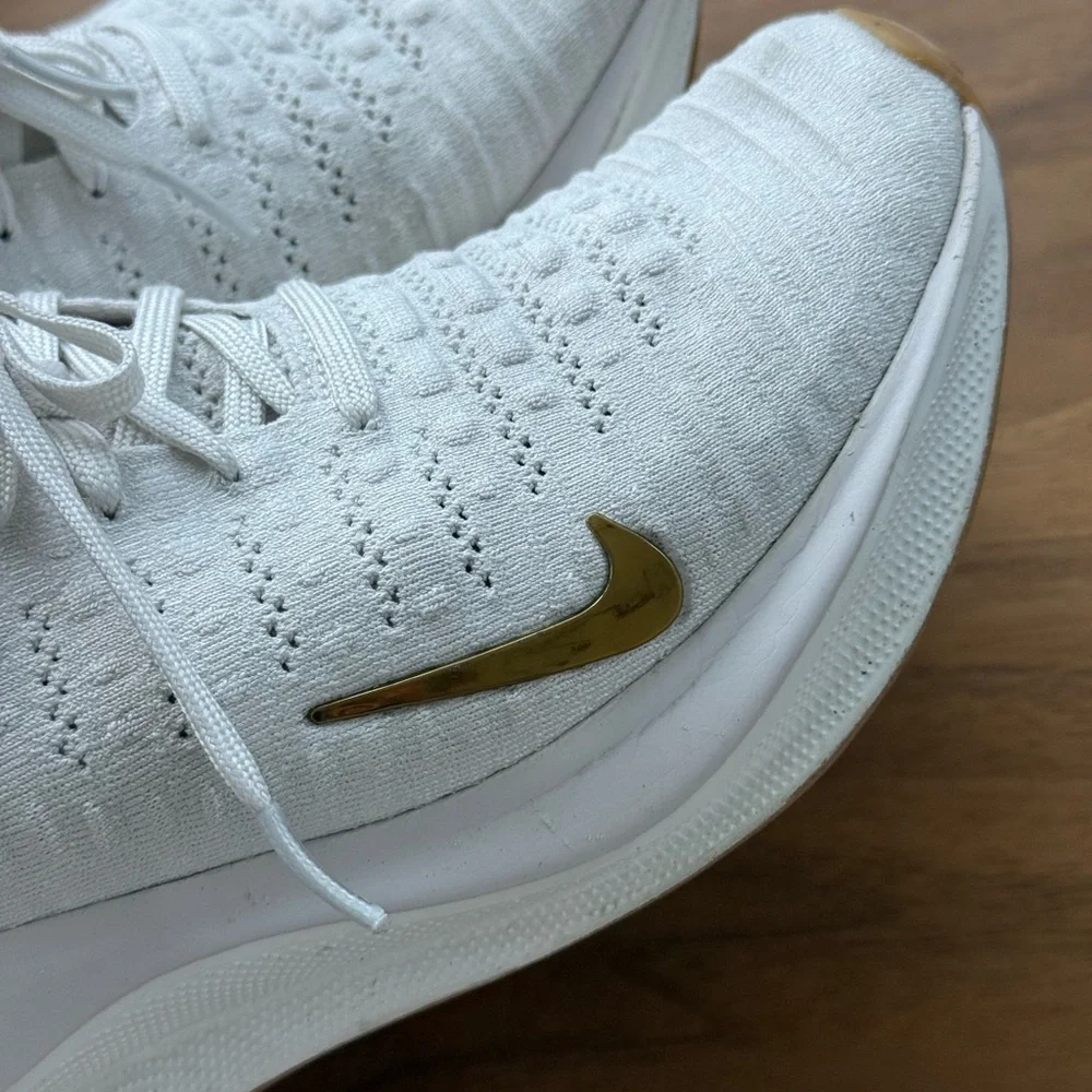 Nike White Women's Flyknit Running Shoes with Gold Swoosh - Picture 7 of 10